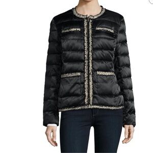 Karl Lagerfeld Black & Gold Tweed Detail Front Zip Puffer Jacket size XL